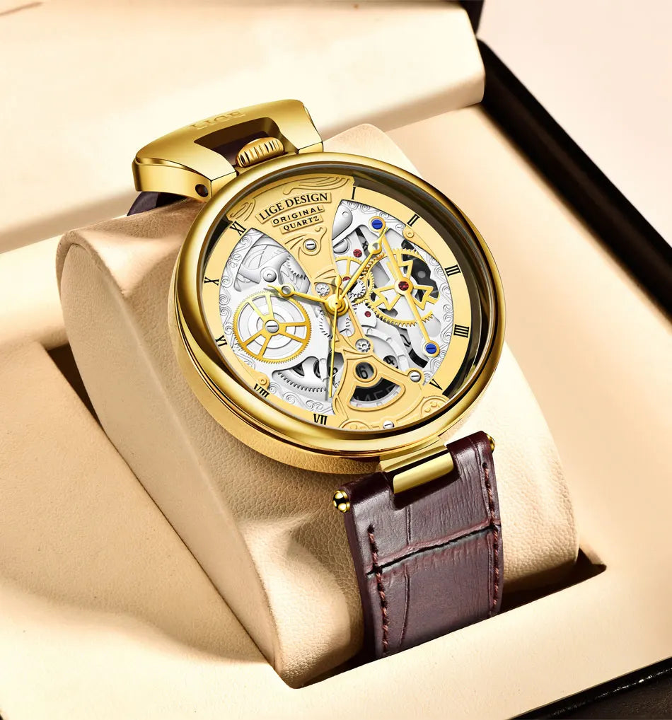 2025 LIGE Men Watches Top Brand Luxury Brown Leather Chronograph Sport Watch For Men Fashion Date Waterproof Clock Reloj Hombre