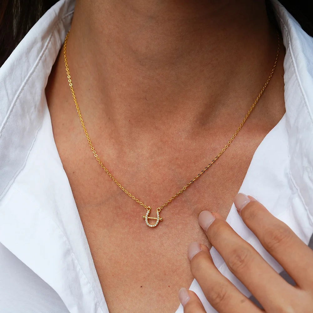Luxury 100% Real 18k Gold Women's Horseshoe Diamond Pendant Collarbone Chain Full Set Moissanite Necklace