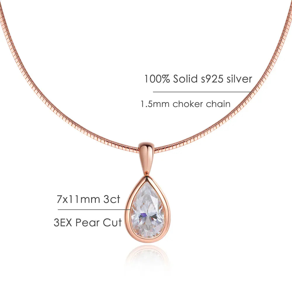 KNOBSPIN 3ct Pear Cut Moissanite Pendant Necklaces for Women Wedding Solitaire s925 Sterling Silver 1.5mm Choker Chain Necklace