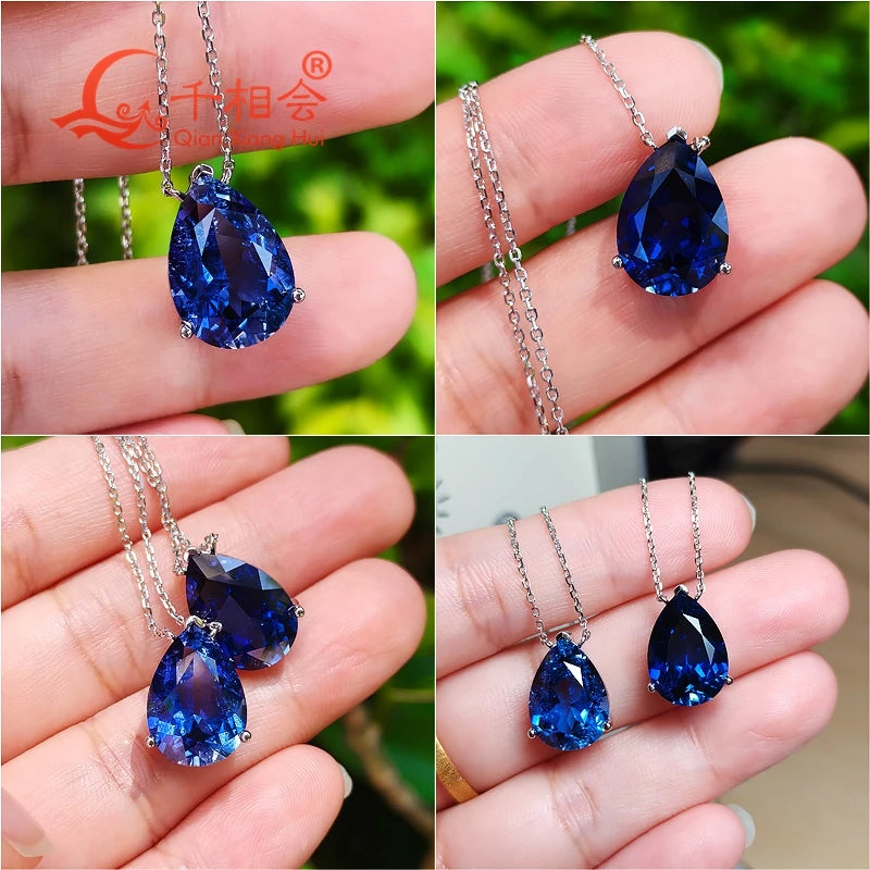 925 Silver Pear Shape 7ct 10x14mm Royal Blue/Cornflower Blue Lab Grown Created Sapphire Inclusions Stone Jewelry Pendant Necklac