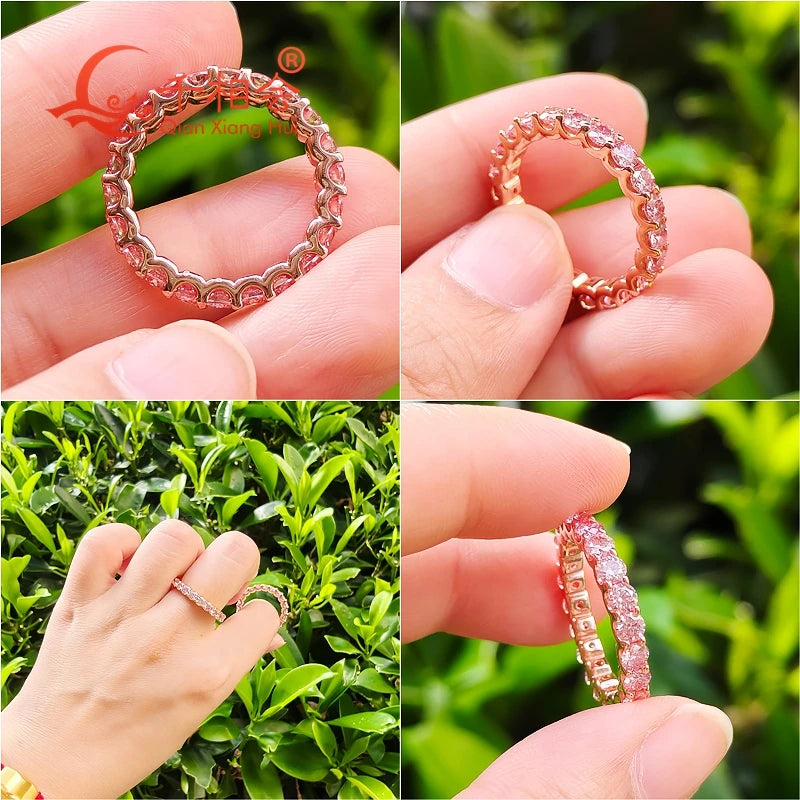 3mm 0.1ct Pink Color Round Moissanite Full Eternity Ring Band Yellow / Rose Gold Plated S925 Silver Diamond Engagement Jewelry