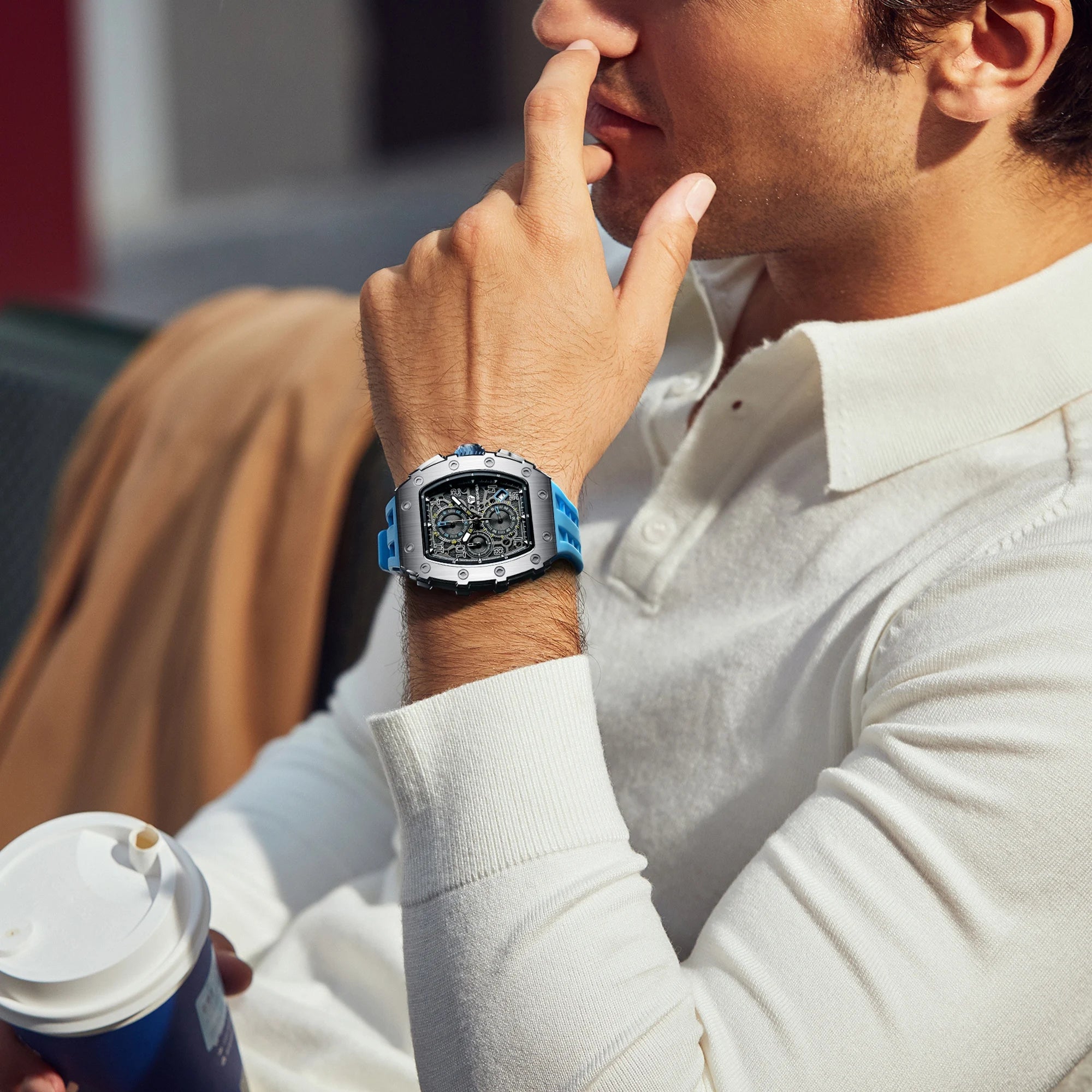 TSAR BOMBA Luxury Tonneau Quartz Watch for Men Japanese Movement, Stainless Steel Case,  Elegant Dress Wristwatch