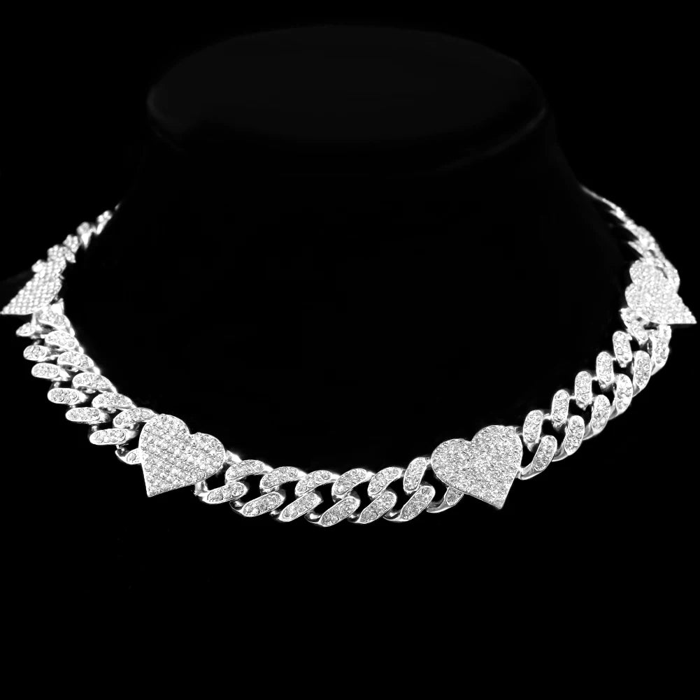 Heart Cuban Chain Necklace for Women, Gold Silver Color Iced Out Rhinestone Choker, 16/18/20 Inch Link Chain Jewelry