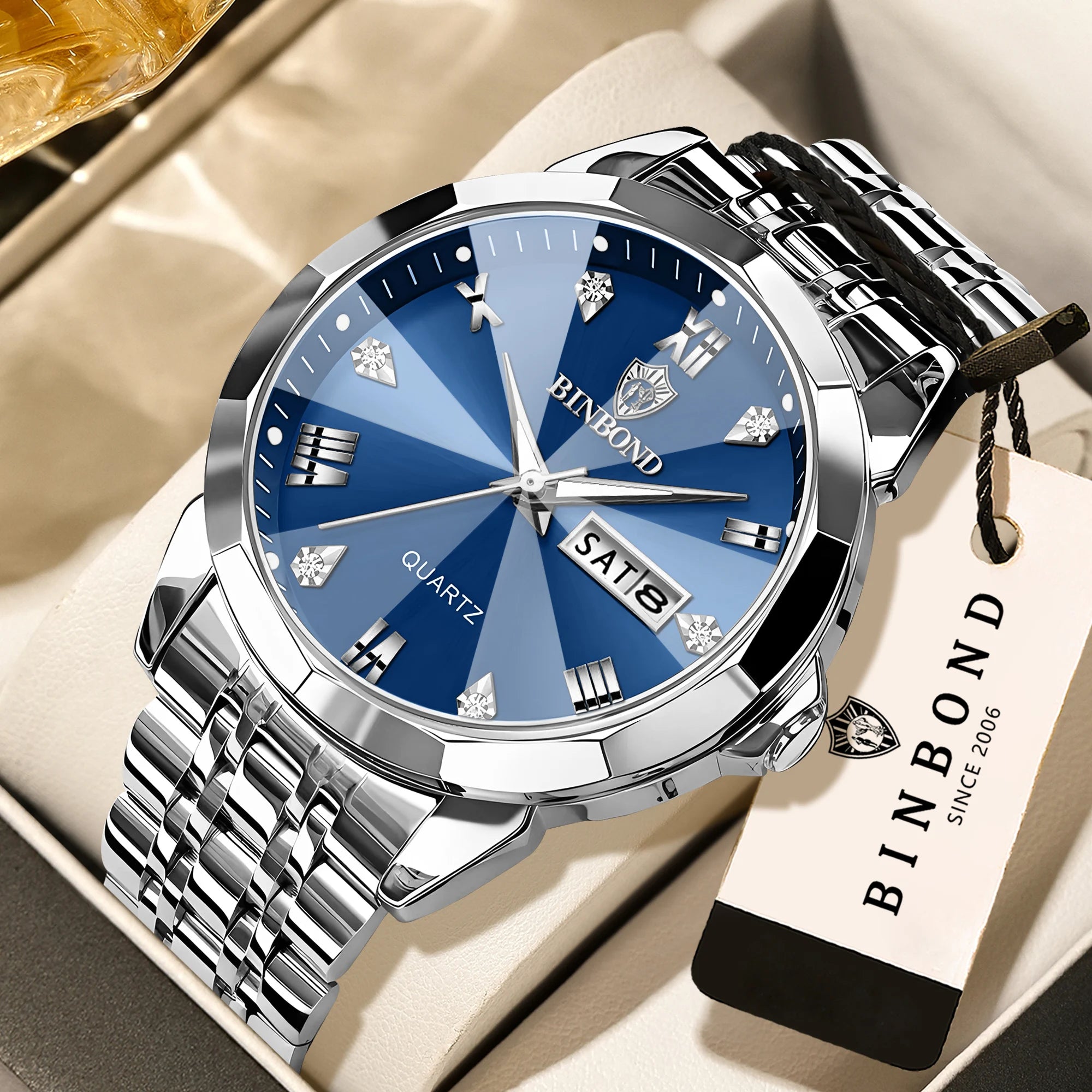 BINBOND Taper Glass Luxury Quartz Wristwatches For Men Luminous Waterproof Precise Durable men's Watch Stainless Steel Reloj