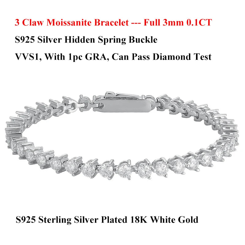 EWYA 3 Prong 2.5mm 3mm Full D Color Moissanite Diamond Tennis Bracelet for Women 925 Silver Link Chain Spring Buckle Bracelets