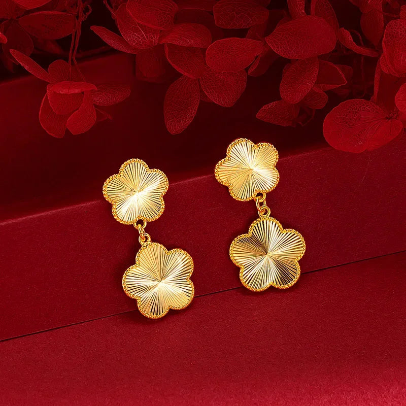 Women 9999 24K Real Gold Light Luxury Super Flash Plum Blossom Set Fashionable Female Plum Blossom Bracelet Necklace Earring Set