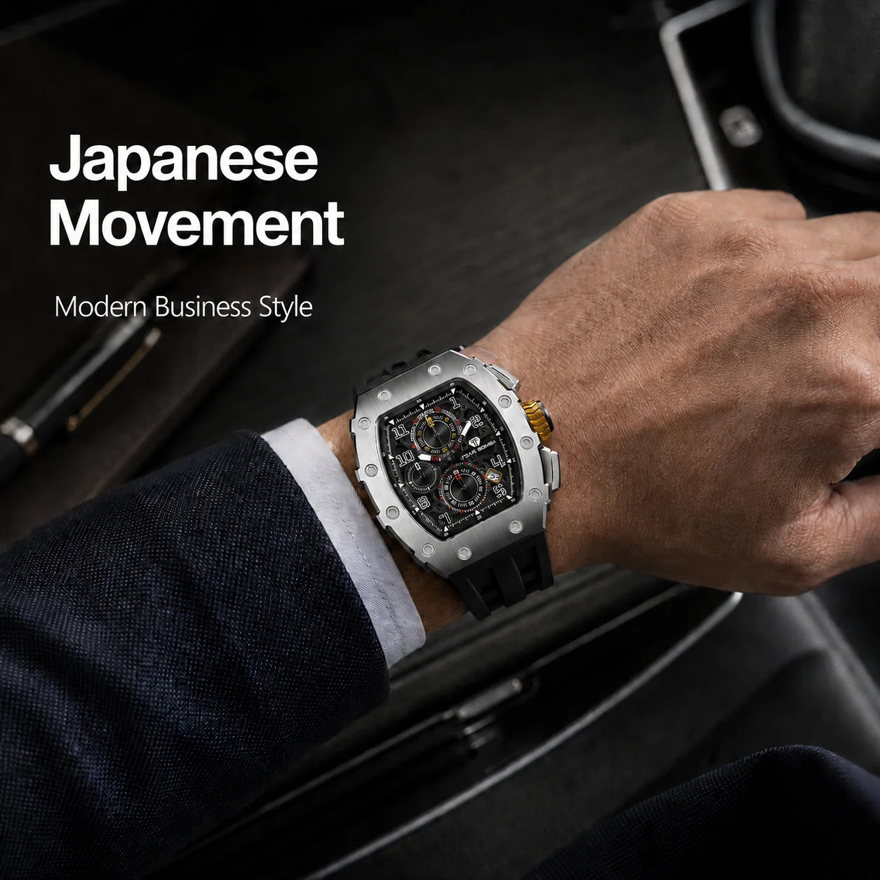 TSAR BOMBA Luxury Tonneau Quartz Watch for Men Japanese Movement, Stainless Steel Case,  Elegant Dress Wristwatch