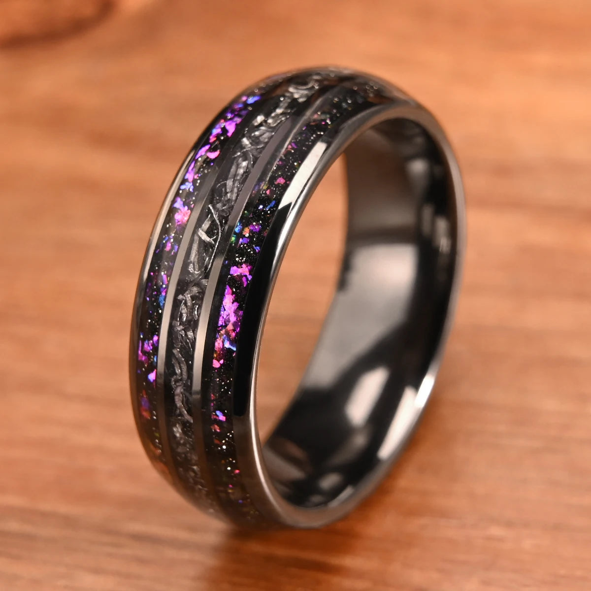 8mm Black Tungsten Carbide Ring Men's Wedding Bands, Inlaid With Meteorite Amethyst Fashion Jewelry Engagement & Wedding Ring