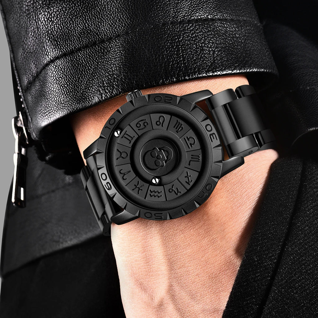 FOXOBOX New Original Luxury Skull Scrolling Pointer Magnetic Force Watch Men Military Sport Waterproof Quartz Wristwatch Clock