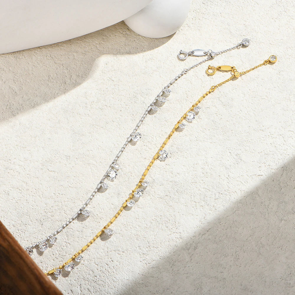ATTAGEMS Round Cut Drilled Moissanite Bracelets Women S925 Silver Adjustable Beaded Chain Everyday Stackable Jewelry Party Gifts