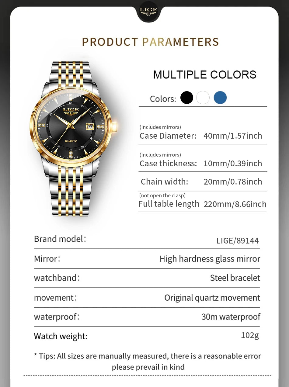 LIGE Luxury Quartz Wristwatches Mens Watch Stainless Steel Watches Luminous Date Waterproof Outdoor Diving Sports Watch reloj