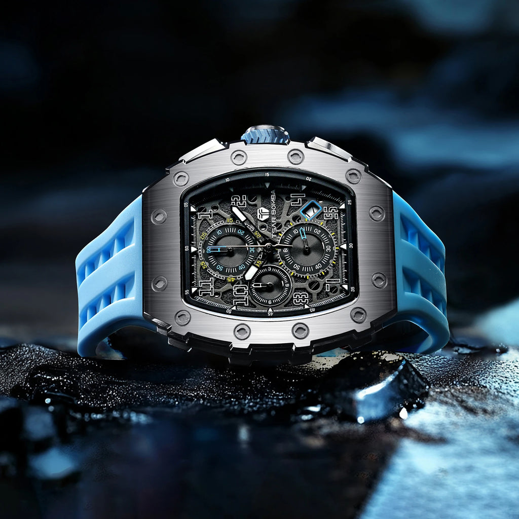 TSAR BOMBA Luxury Tonneau Quartz Watch for Men Japanese Movement, Stainless Steel Case,  Elegant Dress Wristwatch