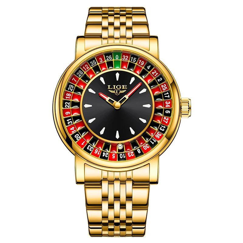 LIGE Fashion Brown Leather Men Watch Rotating Dial Las Vegas Roulette Desktop Theme Watch Men Waterproof Luminous Clock Watches