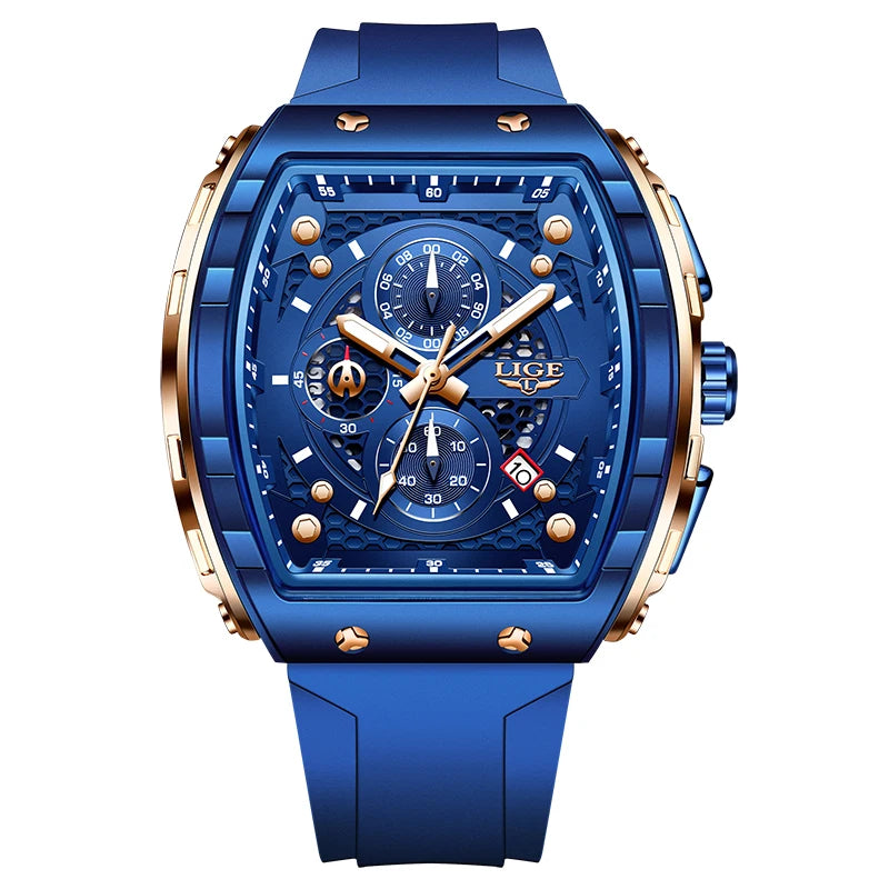 LIGE Man Watch Fashion Luxury Waterproof Silicone Strap Quartz Men's Watches Luminous Sports Auto Date Chronograph Simple Clocks