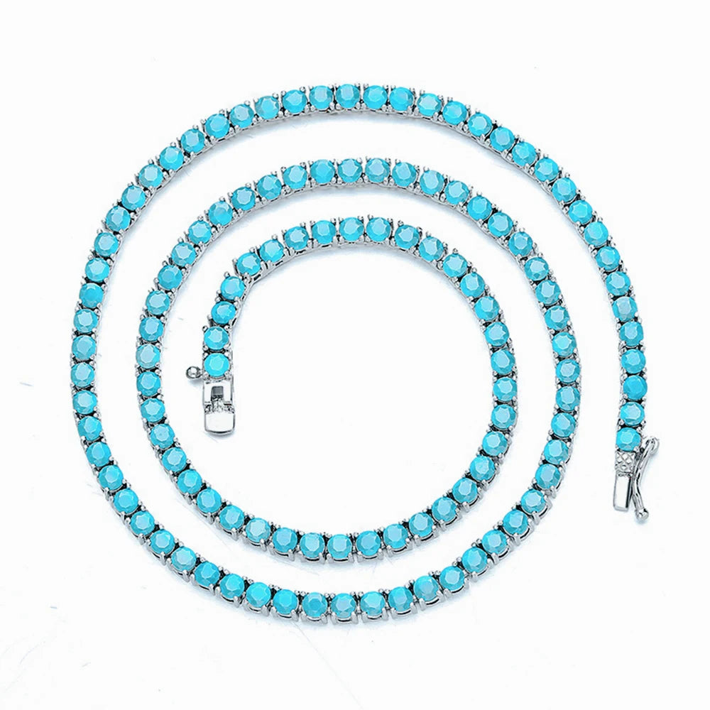 Turquoise Blue 3mm Stone Real 925 Sterling Silver Tennis Chain Necklace Choker 18K Gold/Rhodium Plated 16-24 Inch Fine Jewelry