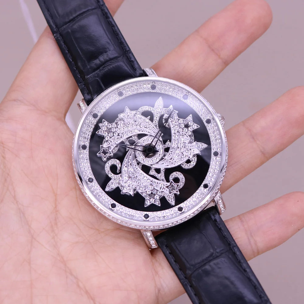Davena Lady Women's Watch Spin Crystal Rhinestones Hours Fashion Real Leather Bracelet Luxury Girl's Birthday Gift Box