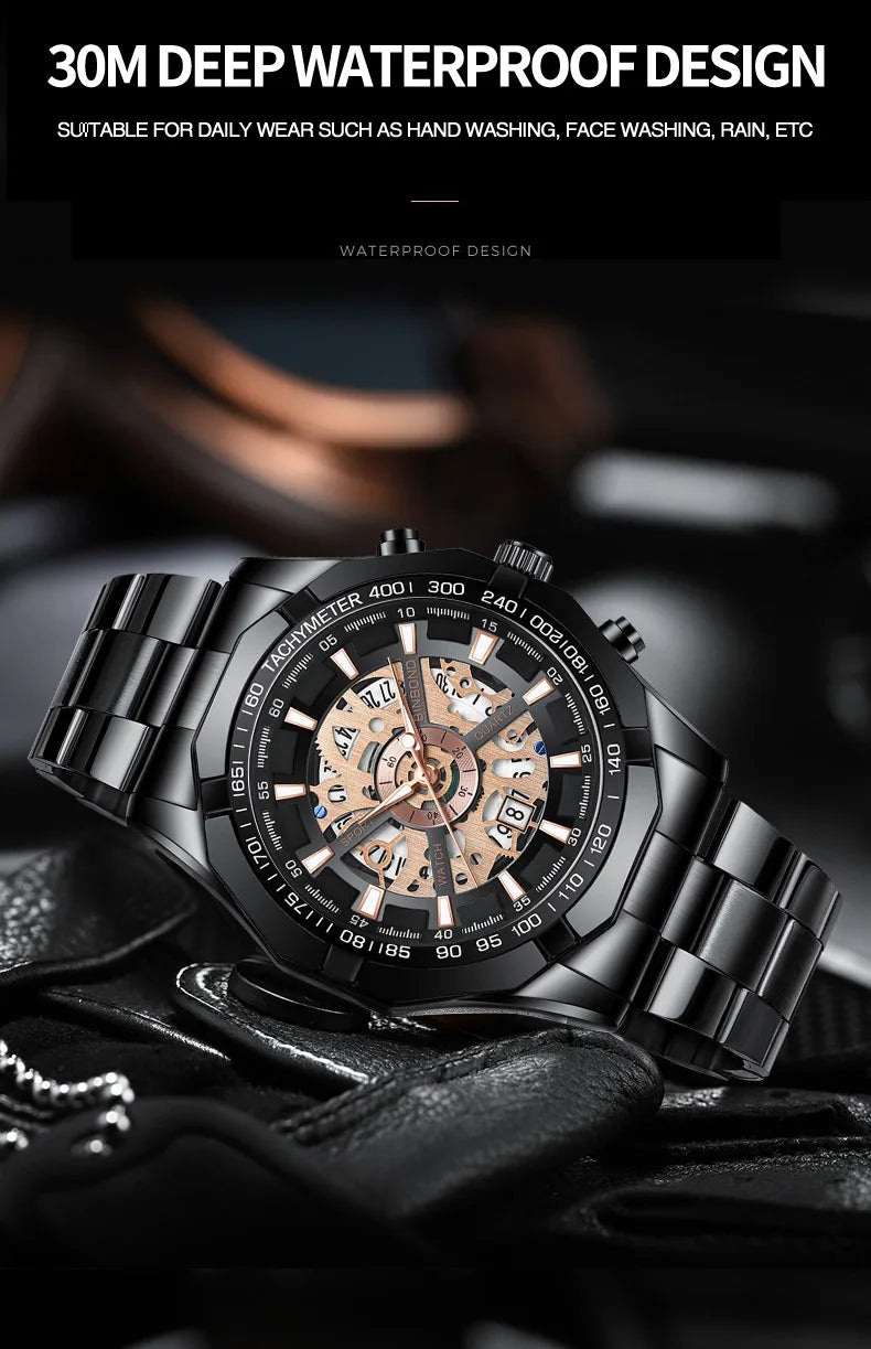 UTHAI Men Watch Light Luxury Brand Business Hollow Luminous Waterproof Stainless Steel Metal Strap Male fashion Quartz Watches