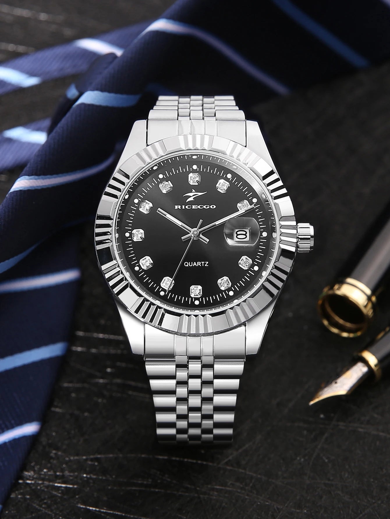 Business men's quartz wristwatch calendar display with diamonds showcases unique taste, making it the perfect gift for him