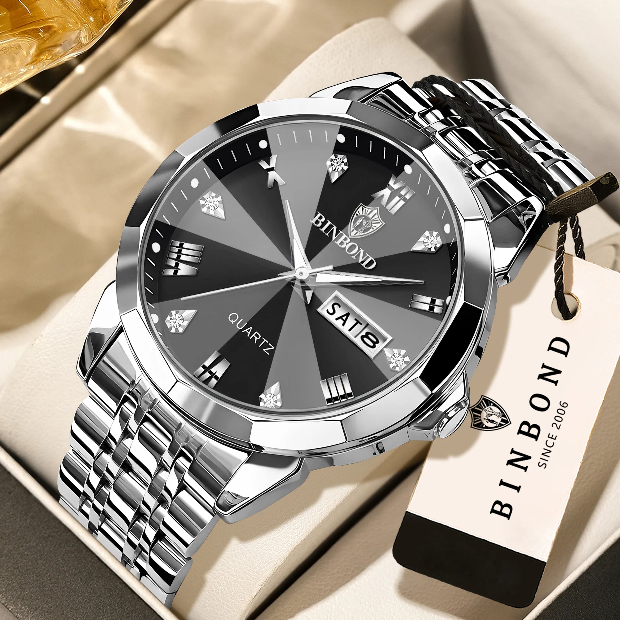 BINBOND Taper Glass Luxury Quartz Wristwatches For Men Luminous Waterproof Precise Durable men's Watch Stainless Steel Reloj