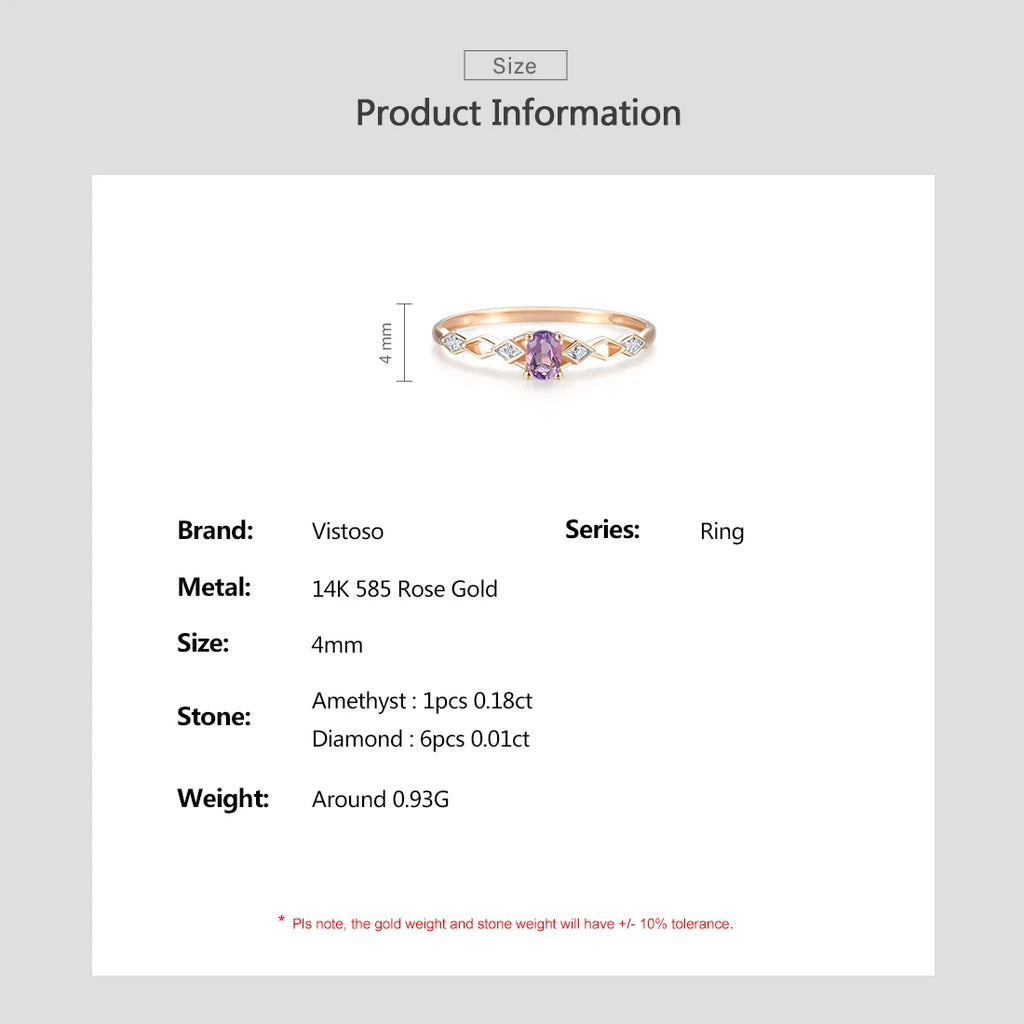 VISTOSO Genuine 14K 585 Rose Gold Ring For Women Sparkling Diamond Charming Amethyst Wedding Engagement Delicate Fine Jewelry