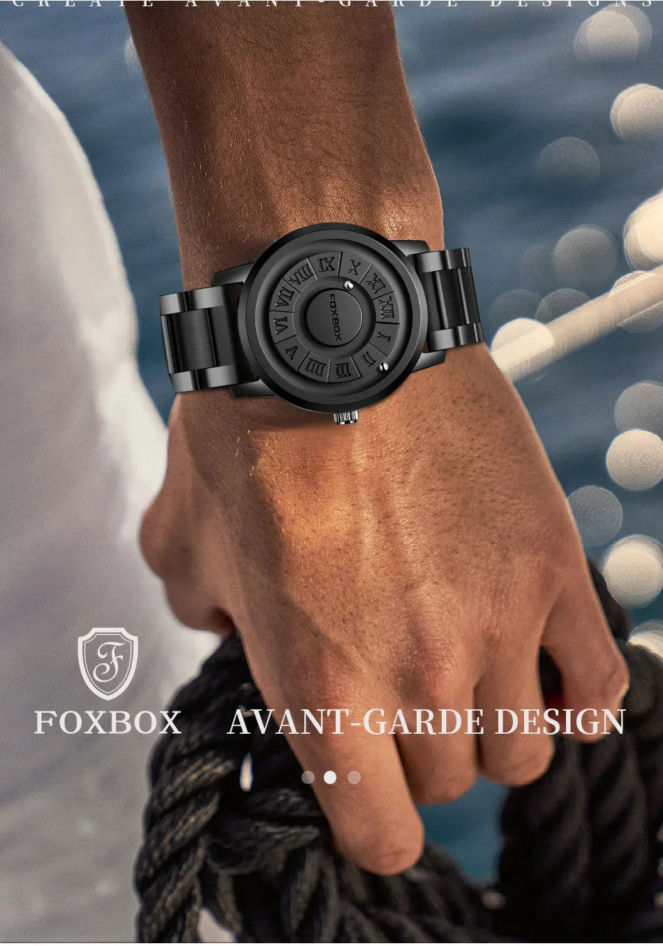 FOXOBOX New Original Luxury Skull Scrolling Pointer Magnetic Force Watch Men Military Sport Waterproof Quartz Wristwatch Clock