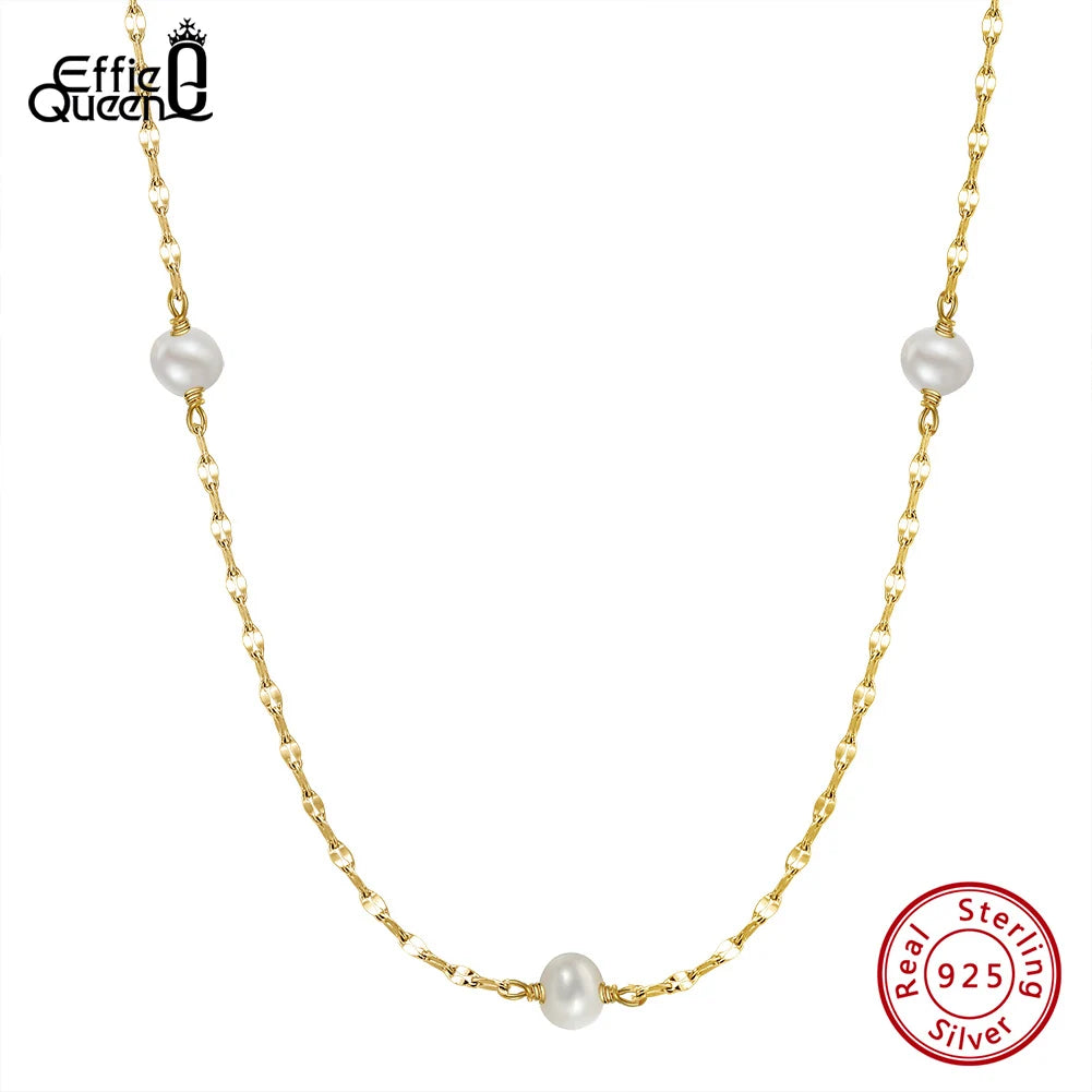 EFFIE QUEEN 925 Sterling Silver Fashion Simple Lip Chain Natural Pearl Necklace for Women Elegant Pearl Clavicle Jewelry GPN35