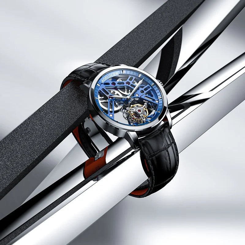 AGELOCER Original Tourbillon Watch Fashion Men's Business Formal Luxury Skeleton Manual Mechanical Watch Birthday Gift for Men