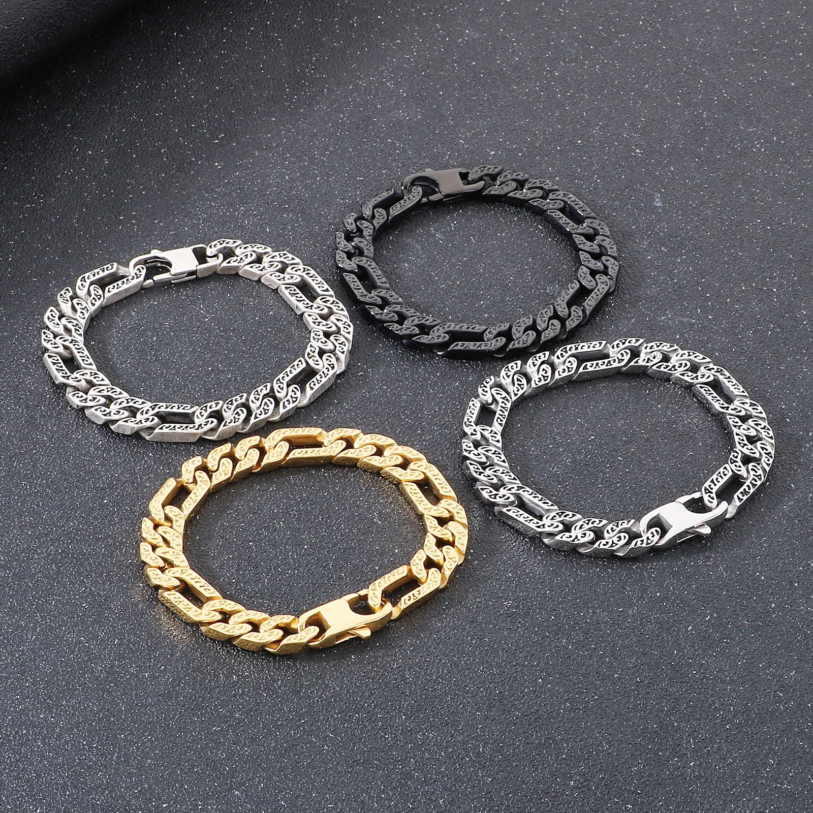 Fongten Tie Stainless Steel Men's Bracelet Mysterious Egyptian Pattern Hollow Chain Punk Rock Halloween Gift Fashion Jewelry