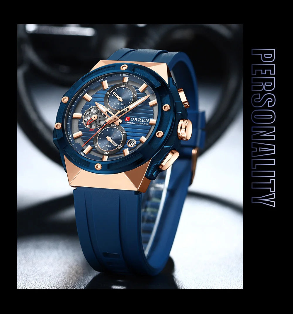 CURREN Classic Brand Men's Wristwatches Casual Business Quartz Silicone Watches with Luminous Hands Chronograph Dial
