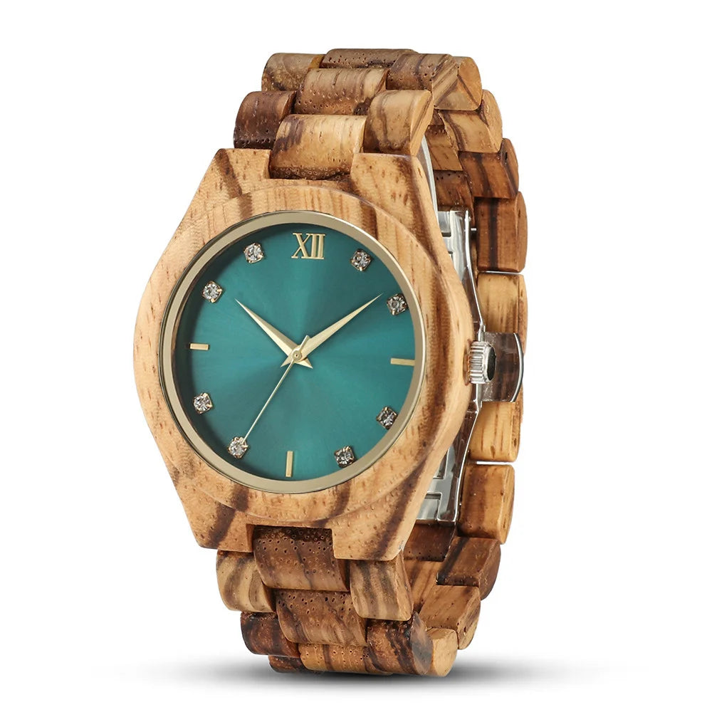 Diamond Women Watches Natural Wood Gold Dial Watch Ladies Wrist Watches Luxury Brand Rhinestone Womens Wooden Bracelet Watches