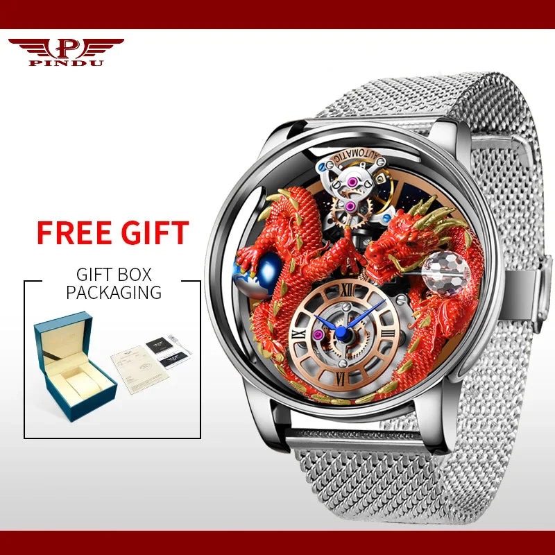PINDU New Watchmakings House of Dragons Astronomia Art 3D Gold Dragon Astronomia Quartz Watch Men Astronomia Solar Montre Homme