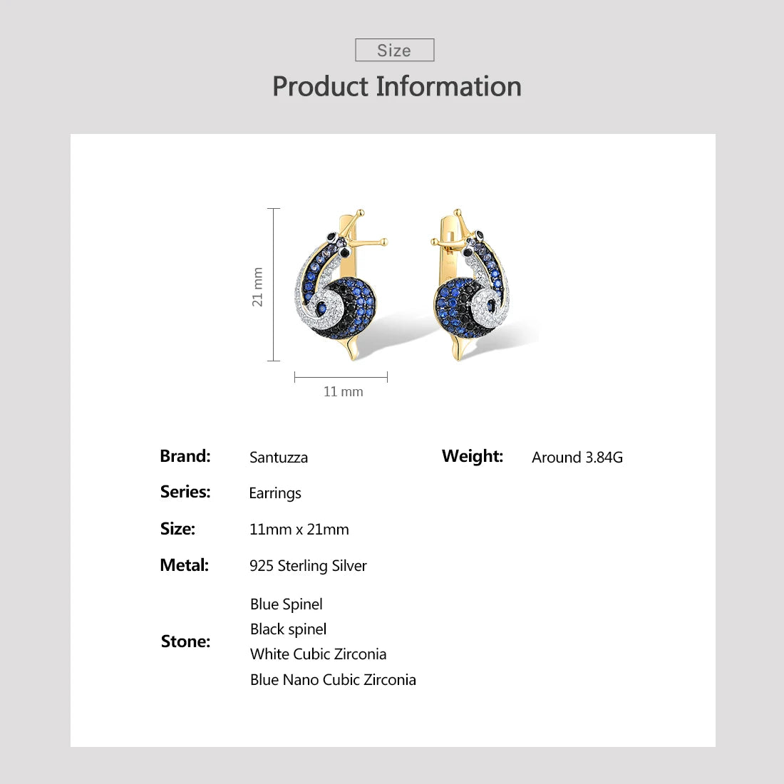 SANTUZZA Pure 925 Sterling Silver Earrings For Women Sparkling Blue Black Spinel Lovely Snail Latch Back Chic Gifts Fine Jewelry