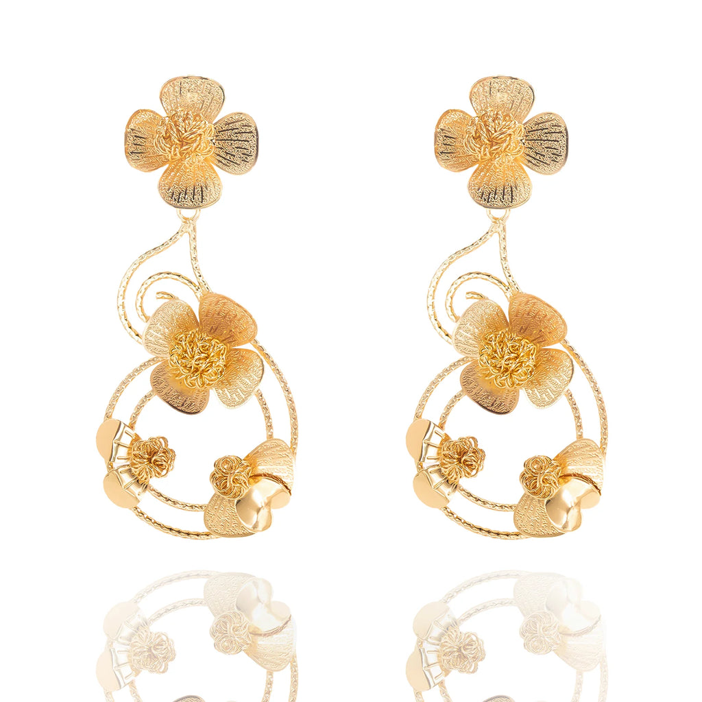 YTJX  18K Gold Color Flower Earrings For Women Design Geometric Hollow-out Big Earrings Party Jewelry  2025 New Christmas Gifts