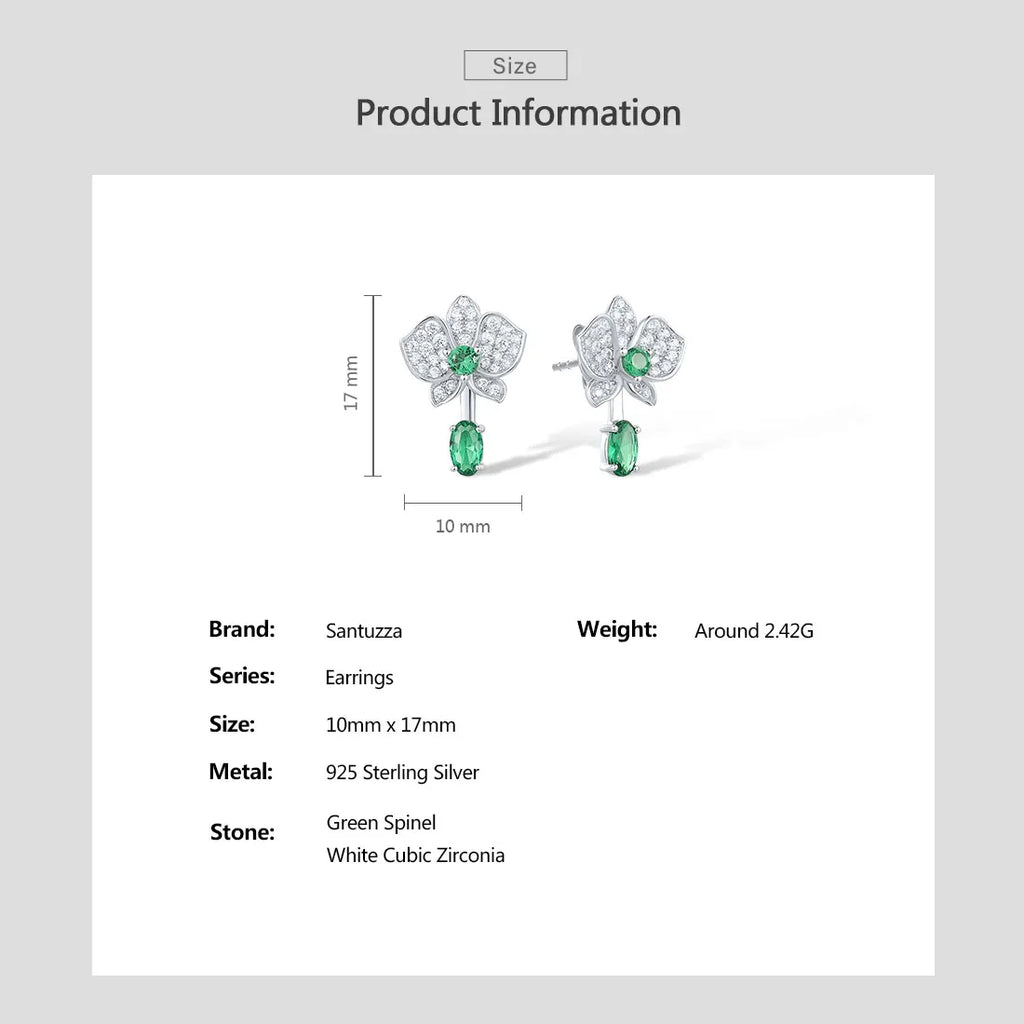 SANTUZZA Real 925 Sterling Silver Stud Earrings For Women Sparkling White CZ Green Spinel Flower Dangling Delicate Fine Jewelry