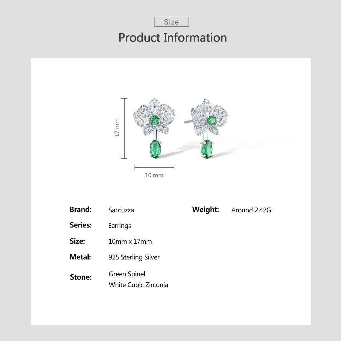 SANTUZZA Real 925 Sterling Silver Stud Earrings For Women Sparkling White CZ Green Spinel Flower Dangling Delicate Fine Jewelry
