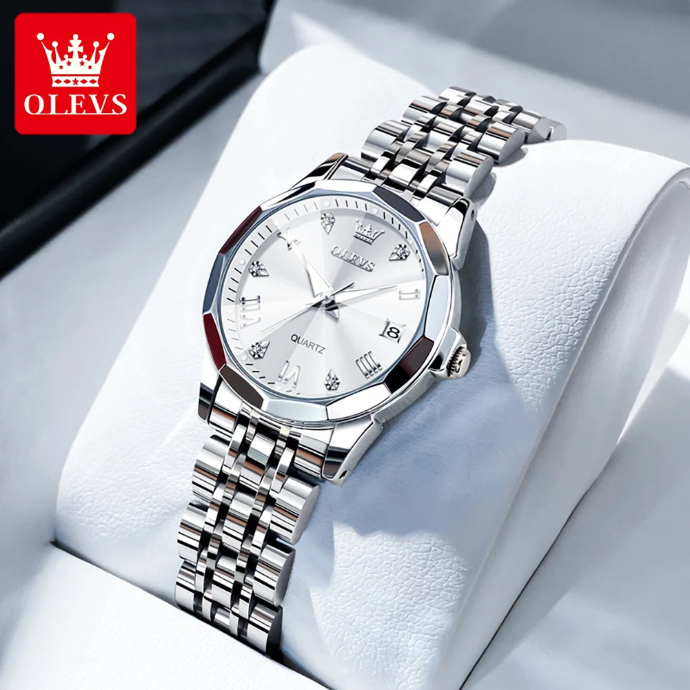 OLEVS Women Watches Elegant Luxury Stainless Steel Strap Original Quartz Wristwatch for Man Waterproof Luminous Date Trend Dress