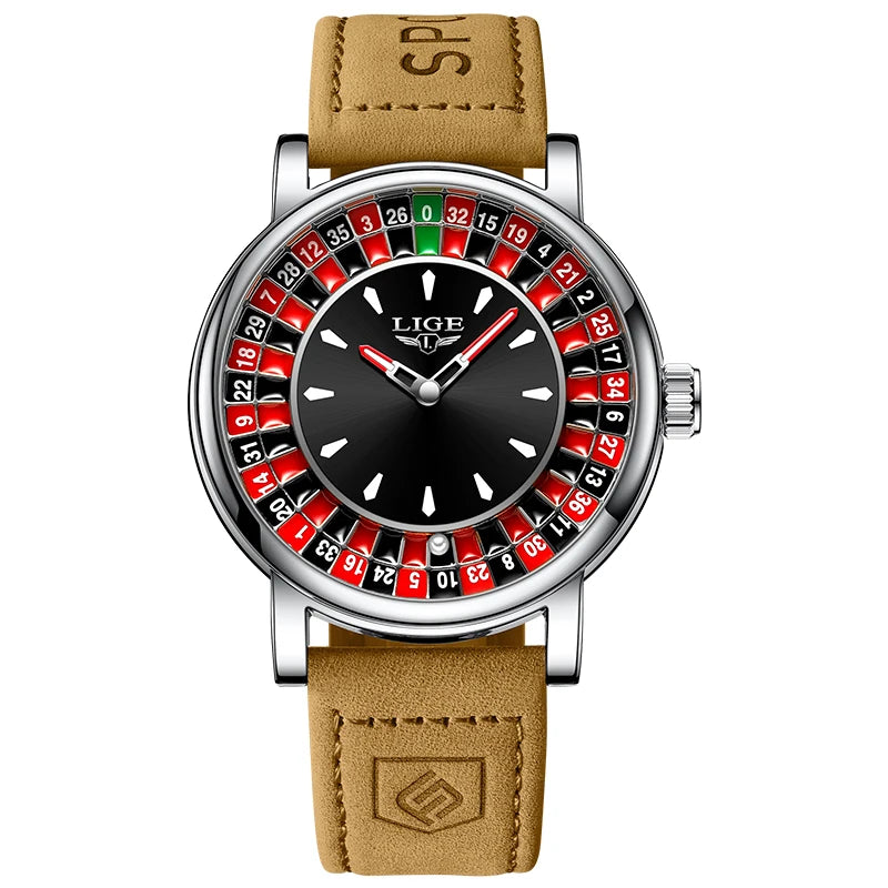 LIGE Fashion Brown Leather Men Watch Rotating Dial Las Vegas Roulette Desktop Theme Watch Men Waterproof Luminous Clock Watches