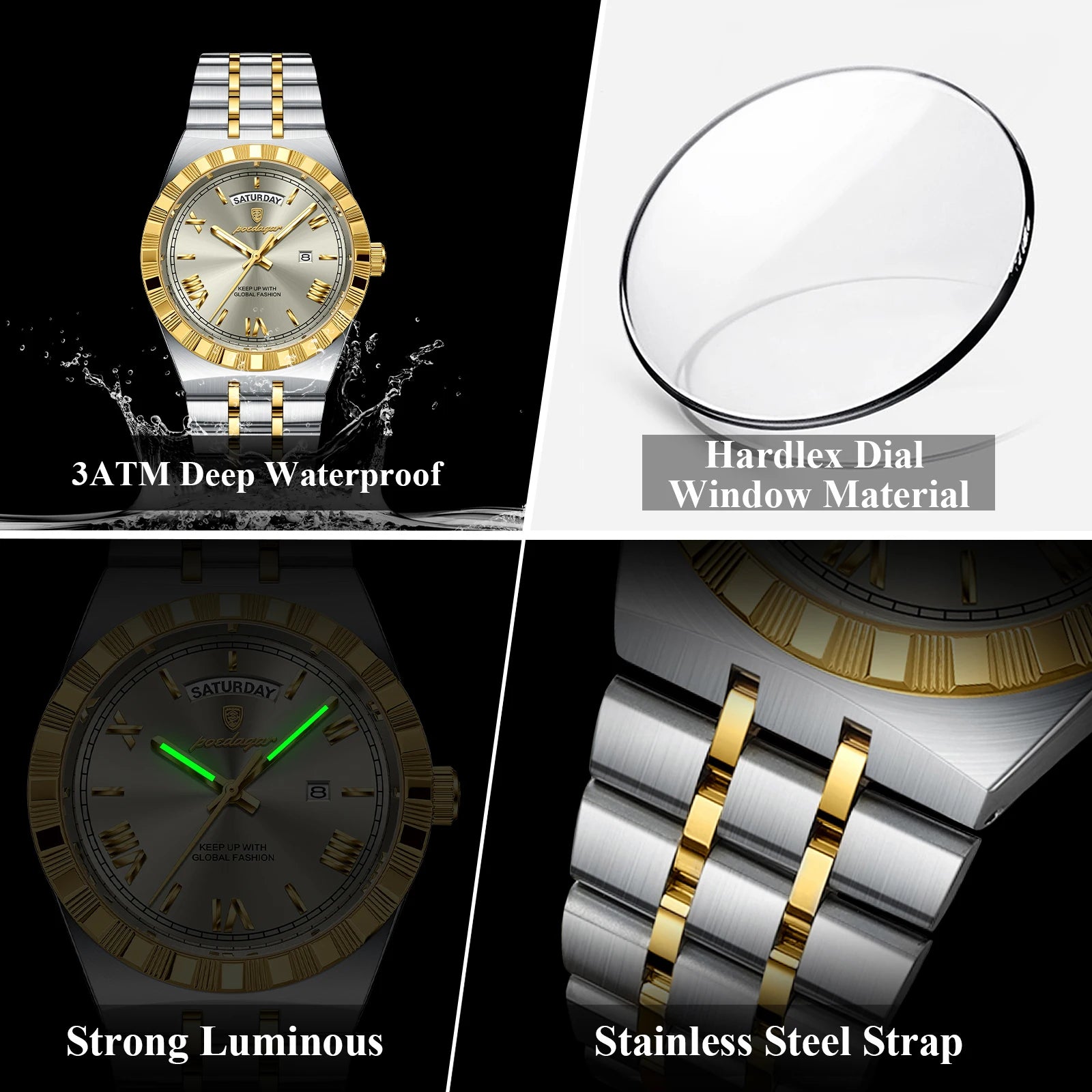 POEDAGAR Luxury Business Man Watch Week Date Waterproof Luminous Watches For Men Stainless Steel Quartz Men's Fashion Wristwatch