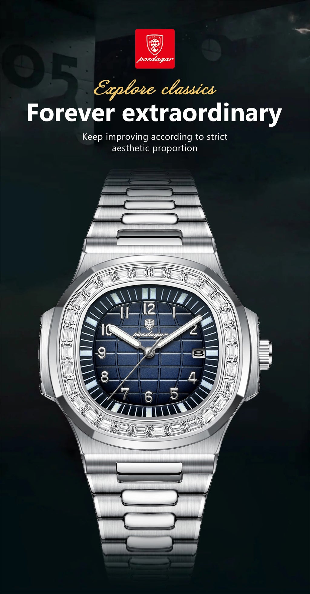 POEDAGAR Luxury Square Watches for Men Waterproof Luminous Date Man Wristwatch Stainless Steel Fashion Men's Quartz Watch Reloj