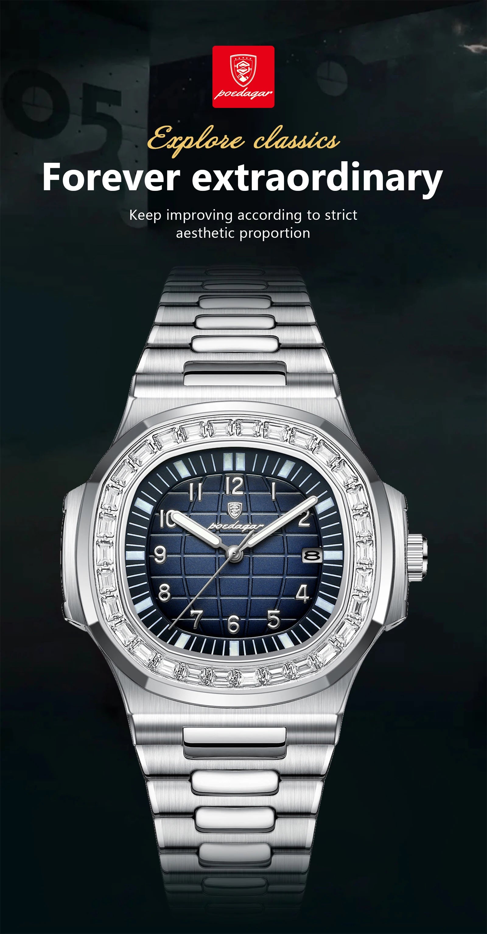 POEDAGAR Luxury Square Watches for Men Waterproof Luminous Date Man Wristwatch Stainless Steel Fashion Men's Quartz Watch Reloj