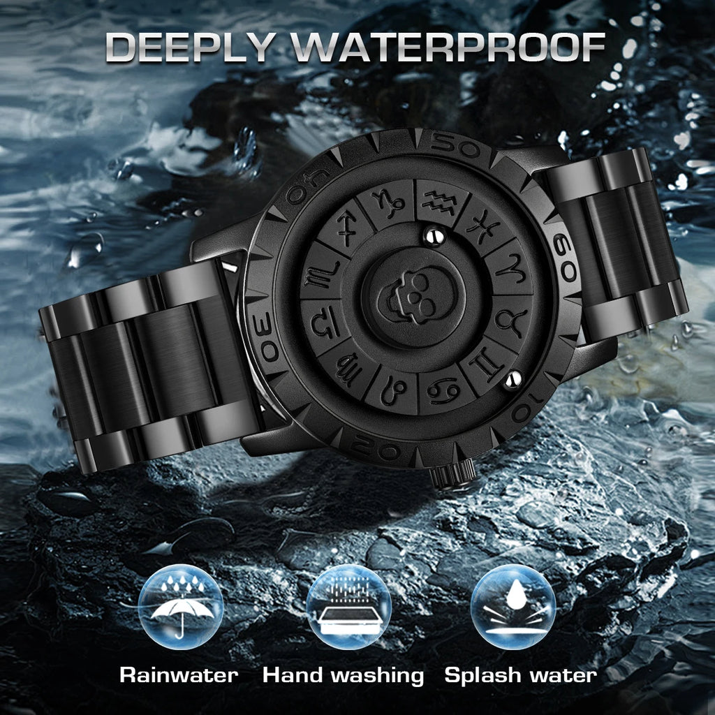 FOXOBOX New Original Luxury Skull Scrolling Pointer Magnetic Force Watch Men Military Sport Waterproof Quartz Wristwatch Clock