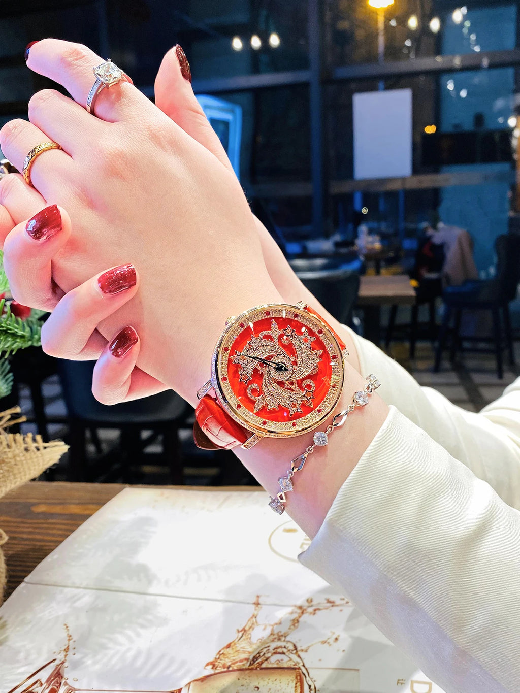 Davena Lady Women's Watch Spin Crystal Rhinestones Hours Fashion Real Leather Bracelet Luxury Girl's Birthday Gift Box