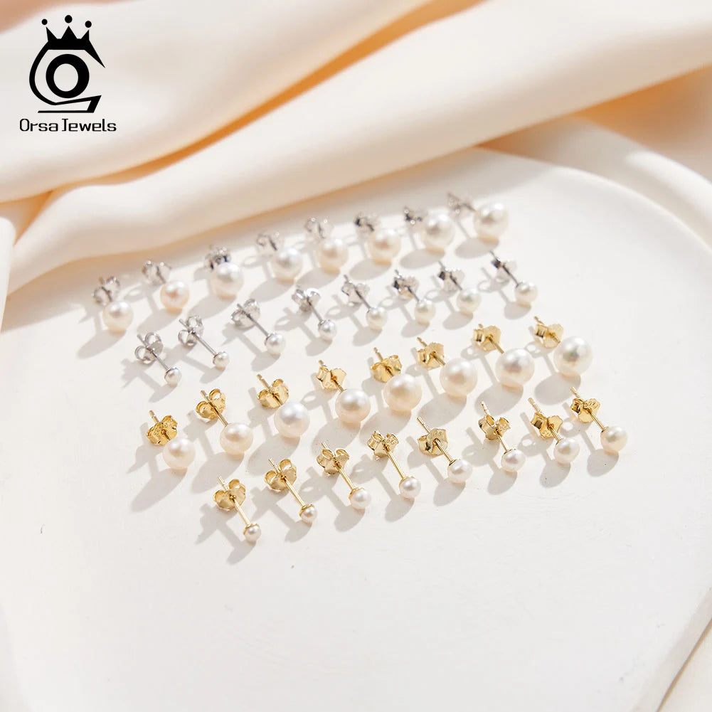 ORSA JEWELS Minimalism 1 pair Freshwater Pearl Ear Stud Real Pearls Stud Earrings 925 Silver Round Natural Pearl Ear Stud GPE104