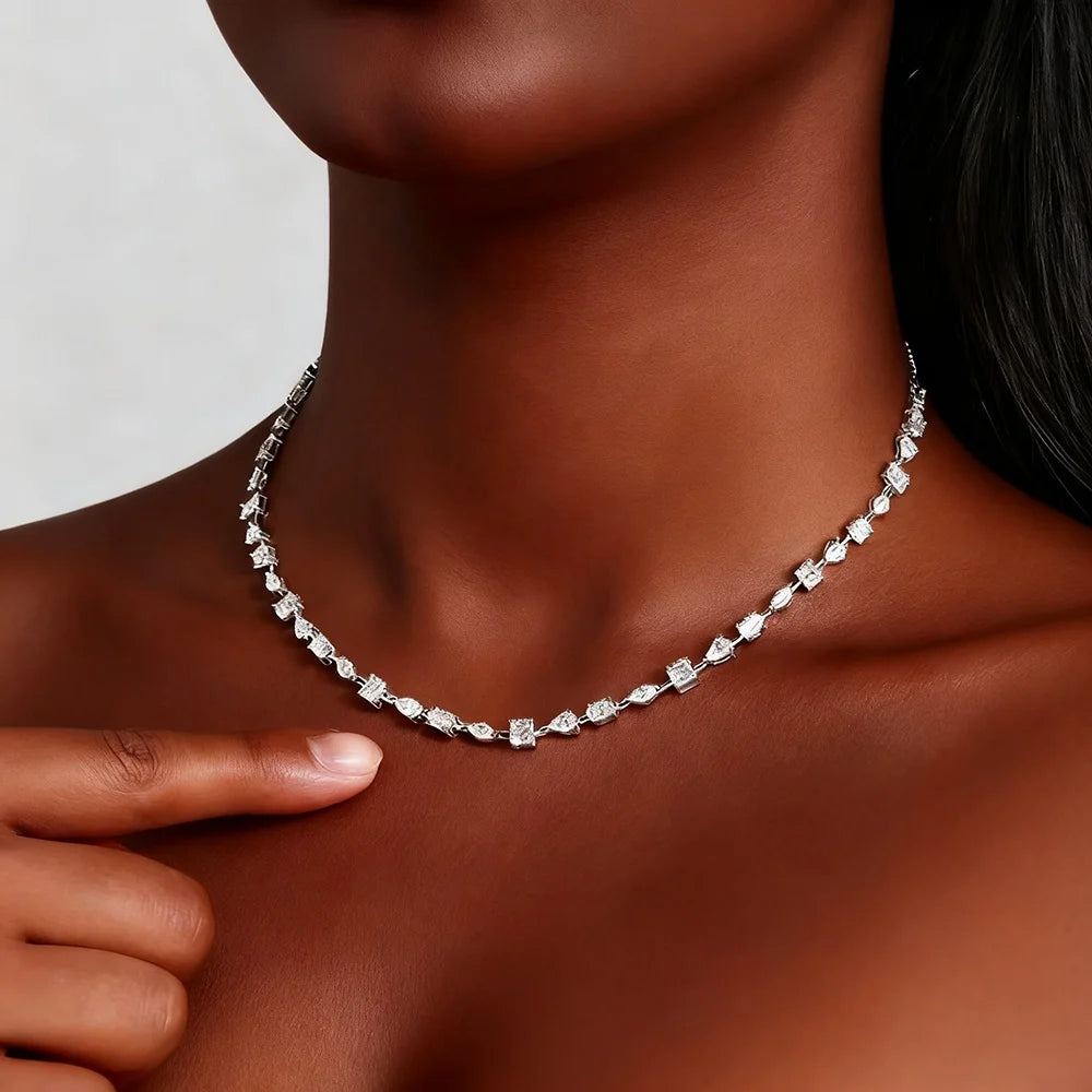 TEMGF Full Irregular Moissanite Chokers Necklaces 925 Silver Tennis Chain for Women Banquet Bridal Wedding Luxury Shiny Jewelry