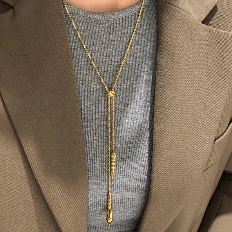 French Long Drawable Fried Dough Twists Necklace for Womne Niche High-end Fashion Banquet Vintage Pendant Sweater Chain