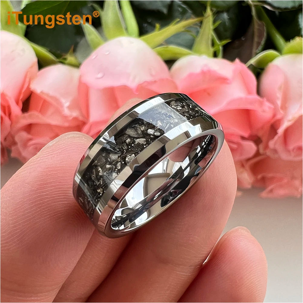 iTungsten 6mm 8mm Silver/Black Tungsten Promise Rings for Men Women Meteorite Shavings Inlay Fashion Engagement Wedding Bands