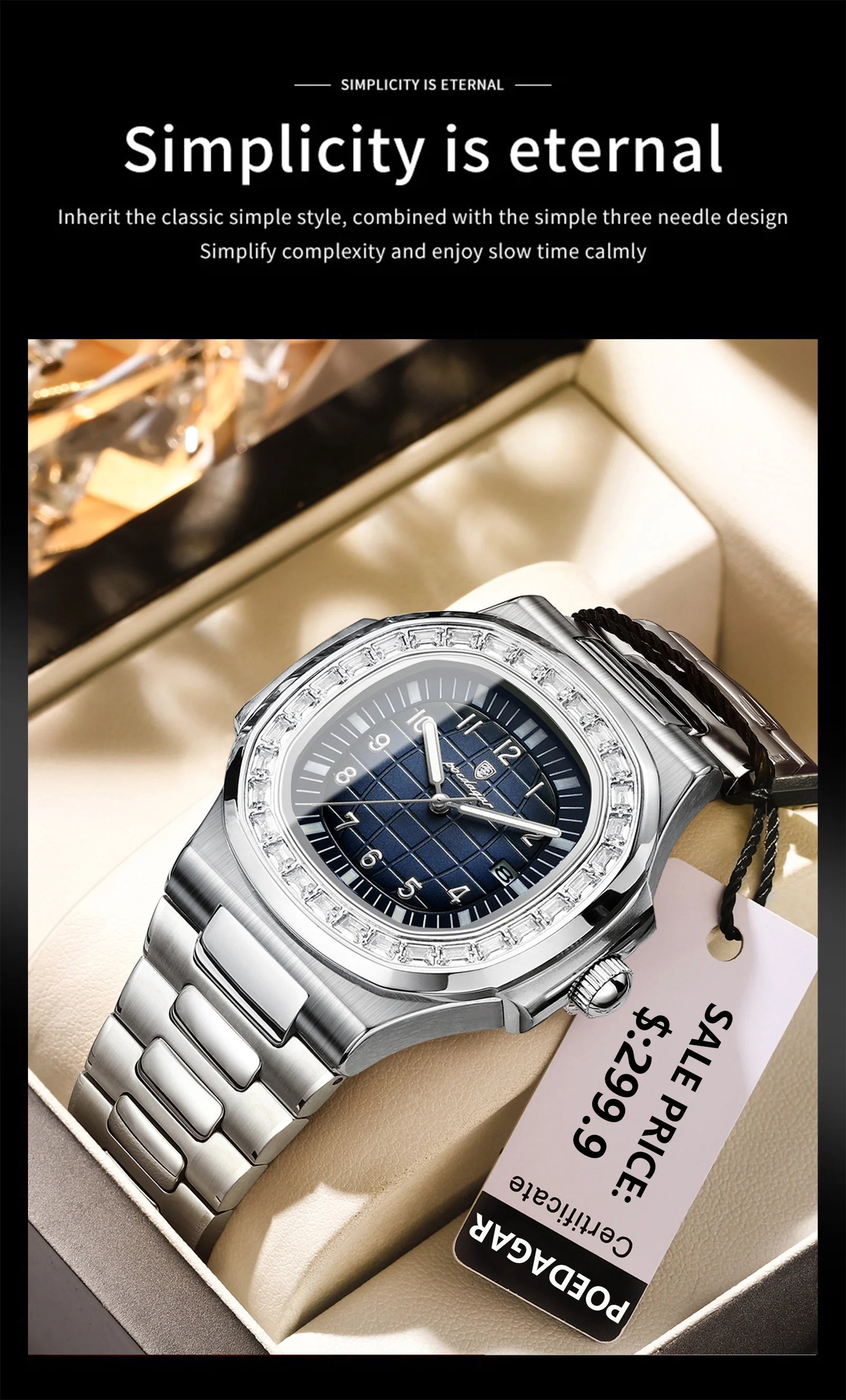 POEDAGAR Luxury Square Watches for Men Waterproof Luminous Date Man Wristwatch Stainless Steel Fashion Men's Quartz Watch Reloj