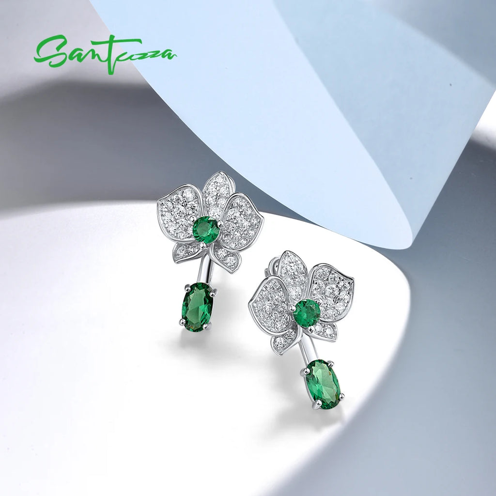 SANTUZZA Real 925 Sterling Silver Stud Earrings For Women Sparkling White CZ Green Spinel Flower Dangling Delicate Fine Jewelry