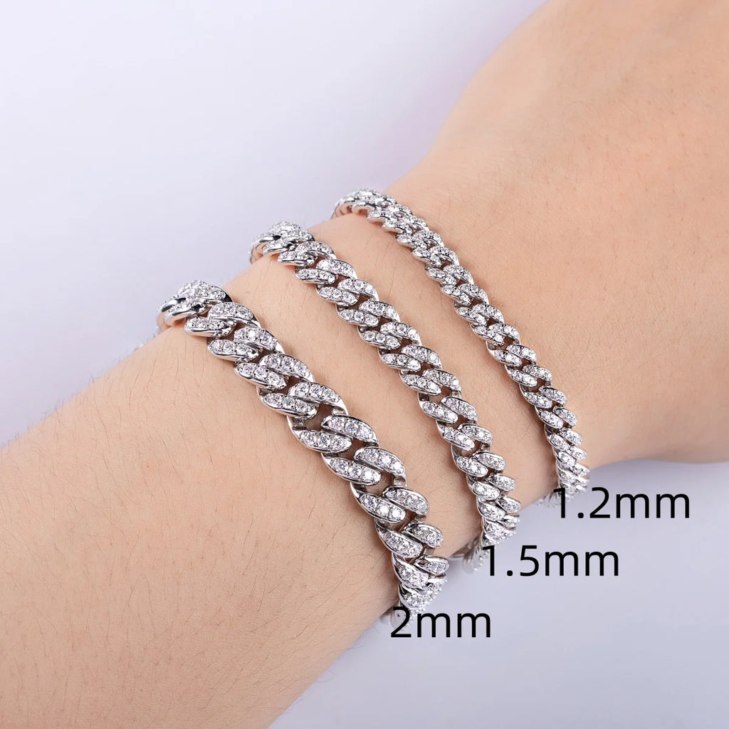 AnuJewel Moissanite Cuban Bracelet Hip Hop 925 Sterling Silver 1.2mm/1.5mm/2mm Flashy Heavy Metal Statement for Men & Women