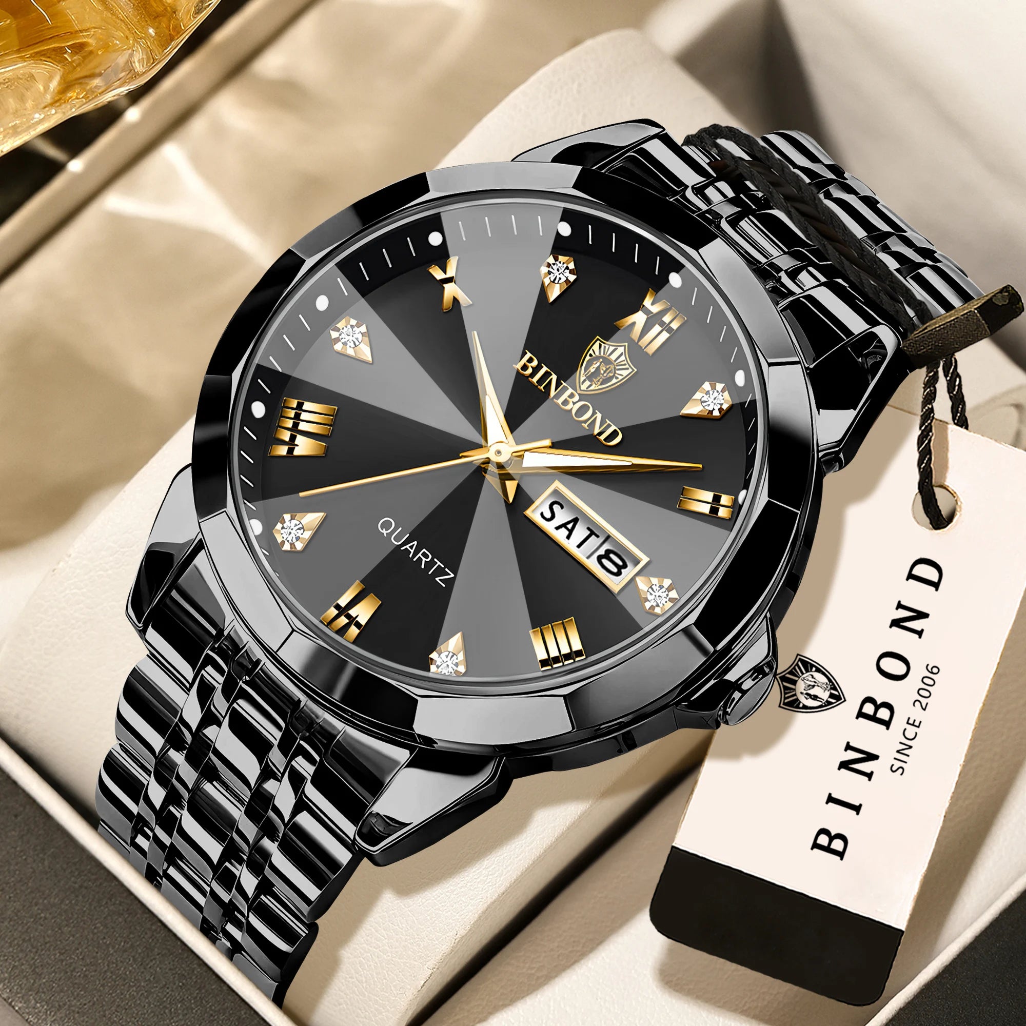 BINBOND Taper Glass Luxury Quartz Wristwatches For Men Luminous Waterproof Precise Durable men's Watch Stainless Steel Reloj